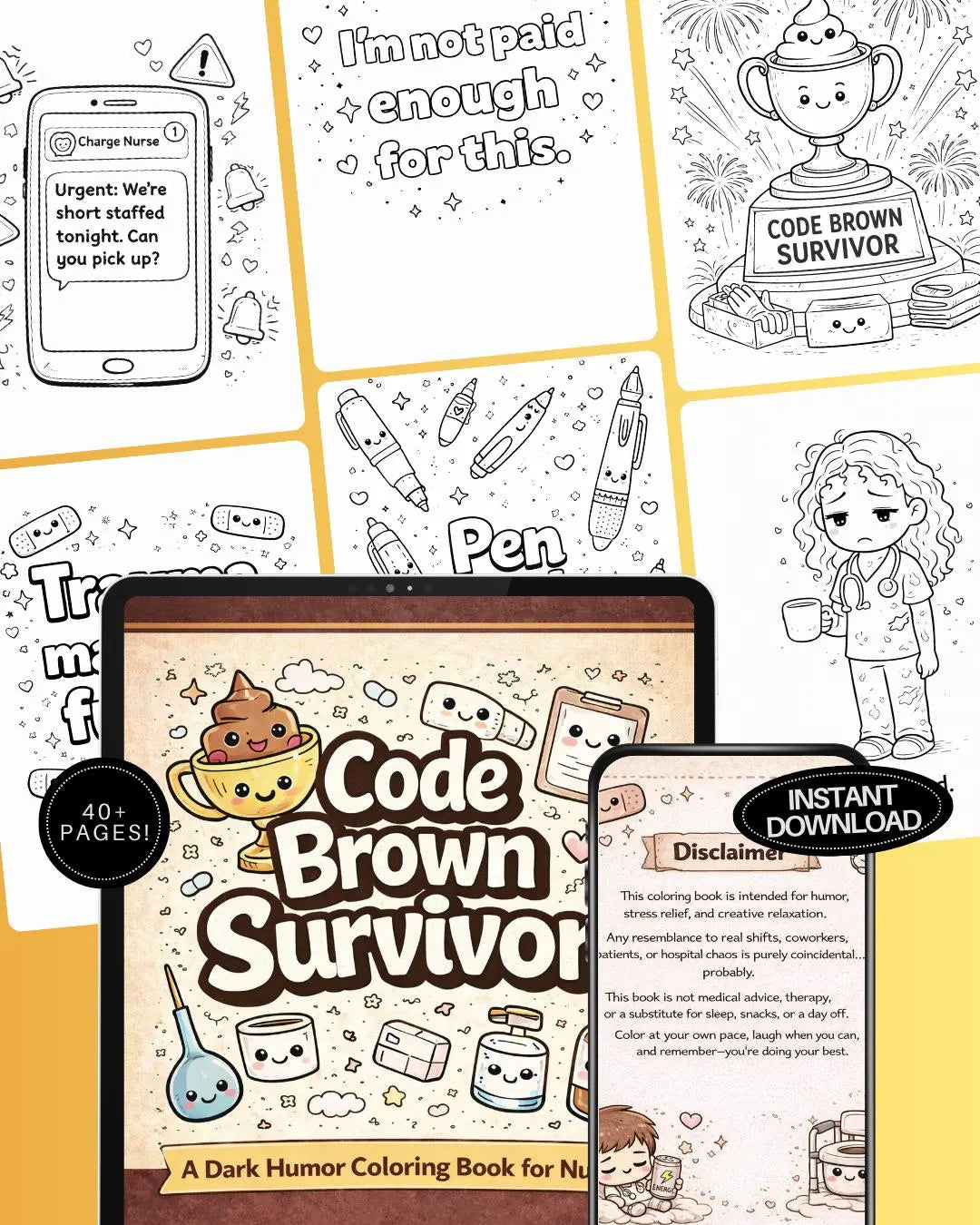 Code Brown Survivor Coloring Book | Dark Humor Nurse Stress Relief (Digital Download)